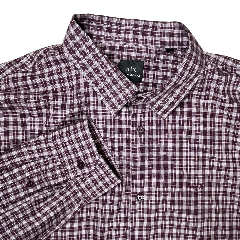 Armani Exchange AX Men's Plaid Button-Up Shirt Sz XL Regular Fit Burgundy White